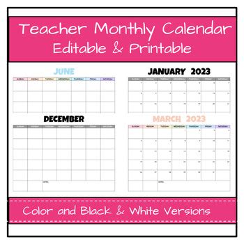 2023 Teacher Monthly Calendar Editable & Printable by amal taouil