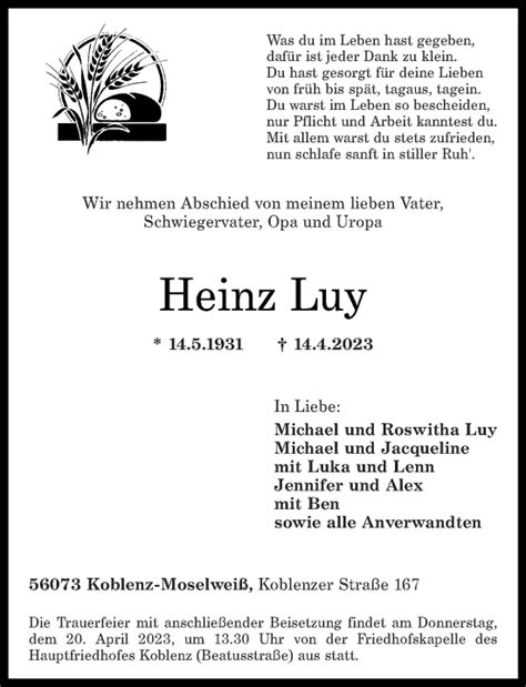 Traueranzeigen Von Heinz Luy Rz Trauer De