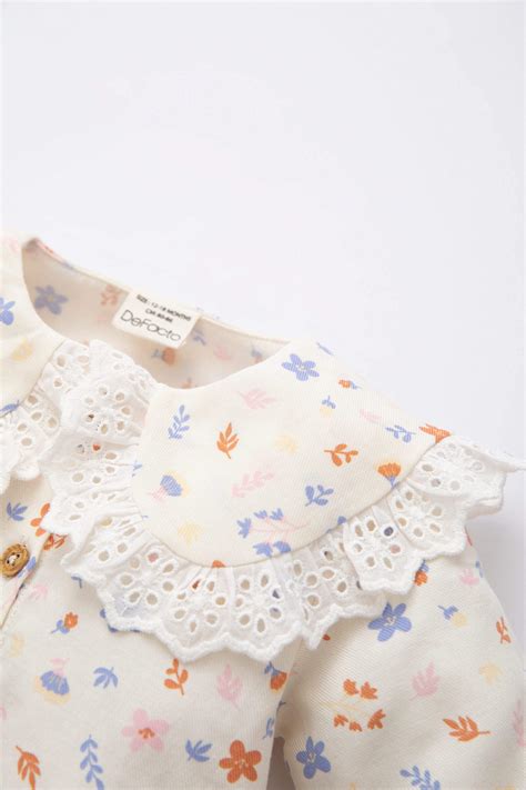 Beige Baby Girl Baby Girl Regular Fit Big Collar Floral Twill Long