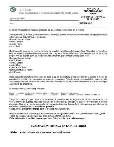 Examen Tópicos de Programación TÓPICOS DE PROGRAMACIÓN Parcial