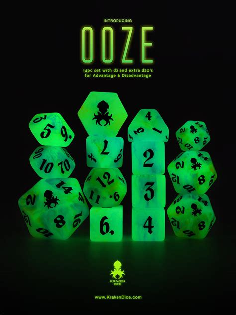 Ooze 14pc Glow in the Dark Dice Set with Green Ink – Kraken Dice