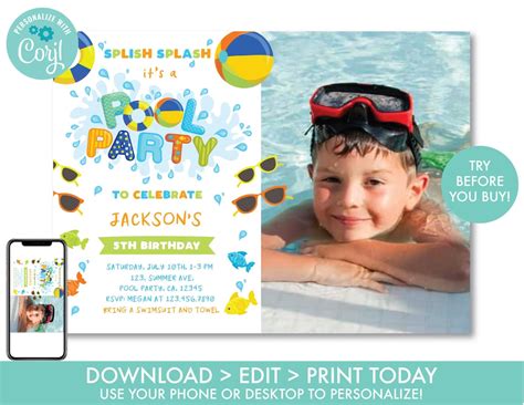 Pool Party Birthday Invitation With Photo Boy S Swimming Pool Birthday