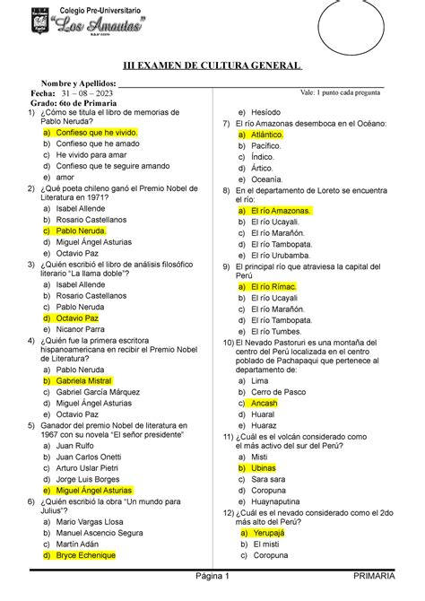 Examen De Cultura General Iii To De Primaria Respuestas Iii