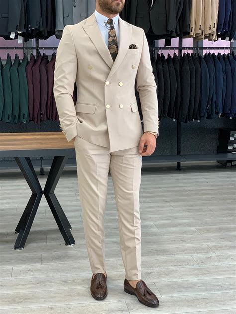 Aysoti Cream Slim Fit Double Breasted Suit Classy Suits Cream Suit