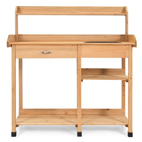 Dakota Fields Garden Planting Table Wooden Potting Work Bench With 3 Hooks Single Drawer And