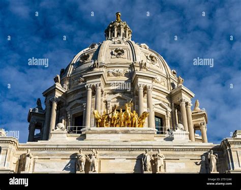 Front View Of The Dome And Gold Quadriga Statue Of The Capitol Building