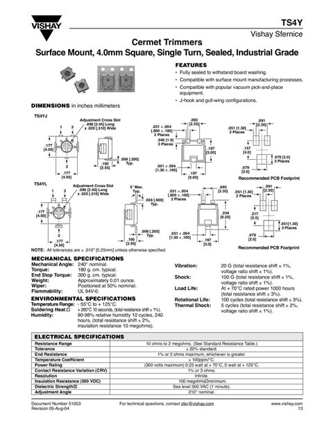 Vishay Ts Yj M Surface Mount Miniature Trimmer Cermet K