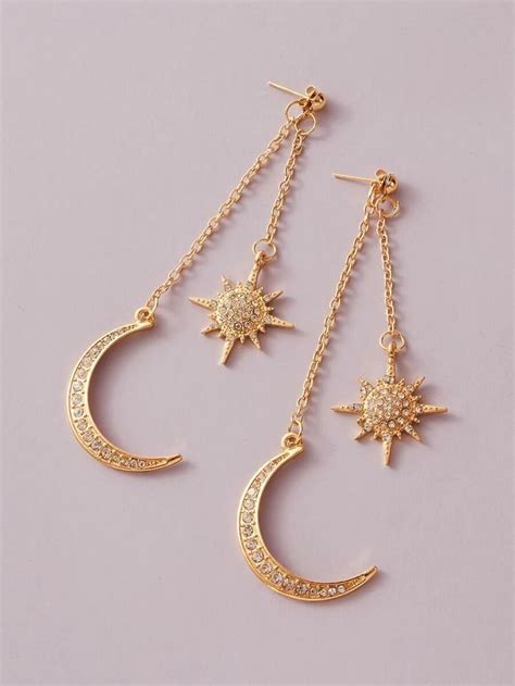 1pair Rhinestone Engraved Star Moon Chain Drop Earrings SHEIN USA