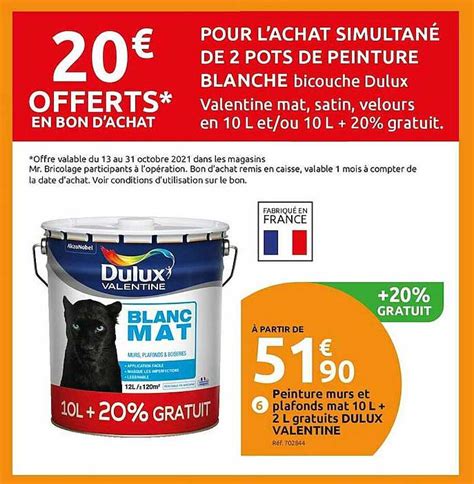 Promo Peinture Murs Et Plafonds Mat 10 L 2 L Gratuits Dulux Valentine