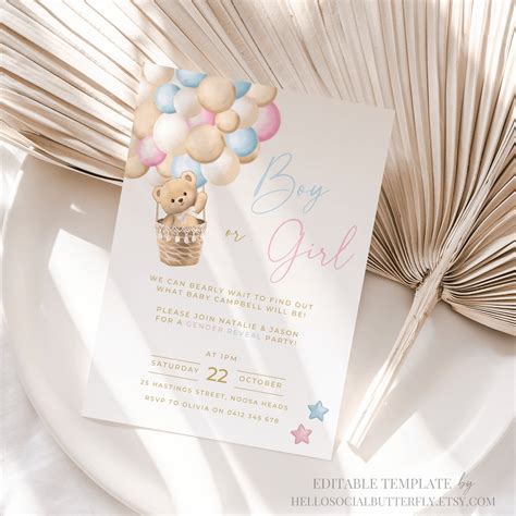 Teddy Bear Gender Reveal Invitation We Can Bearly Wait Invite Pink Or Blue Teddy Bear Hot Air