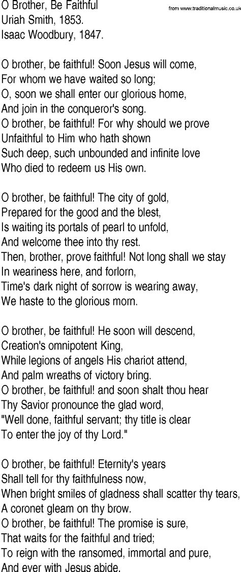 Hymn And Gospel Song Lyrics For O Brother Be Faithful By Uriah Smith