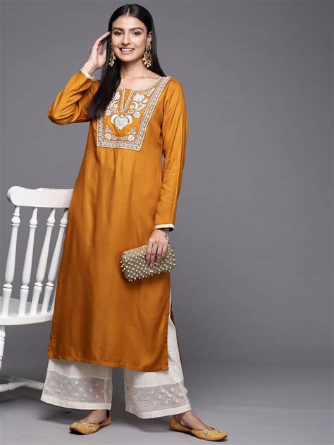 Buy Mustard Embroidered Pashmina Wool Straight Kurta Online At Rs 719