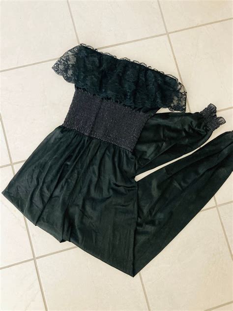 Vintage Black Lingerie Bodysuit Jumpsuit 1980s One Piece Gothic Lace Long Leotard Nightgown