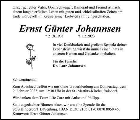 Traueranzeigen Von Ernst G Nter Johannsen Trauer Anzeigen De