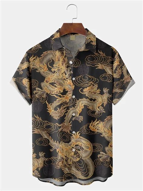 Mlfu Unisex Chinese Dragon Hawaiian Shirt Button Down Short Sleeve