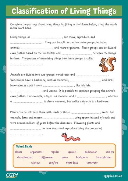 Classification Of Living Things Fill In The Blanks Year Cgp Plus