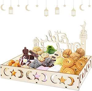 Atuoxing Ramadan Plate Eid Mubarak Plate Wooden Tray Dessert Tray