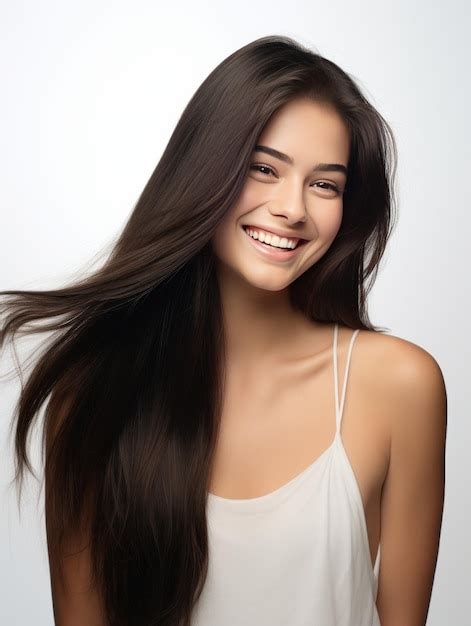 Hermosa Chica Feliz Con El Pelo Largo Y Recto Sobre Fondo Blanco Ia