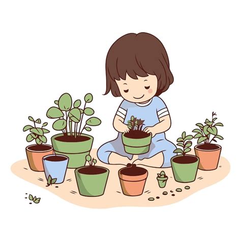 Premium Vector | Little girl planting flowers in pots of a girl planting flowers