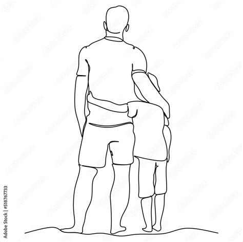 Dad and son in continuous line drawing style. Dad and son walk together ...