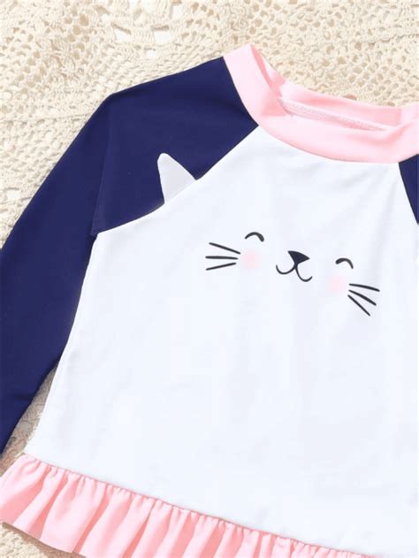 Ni A Bikini Con Estampado De Dibujos Animados Bajo Con Fruncido De Cuello Cisne