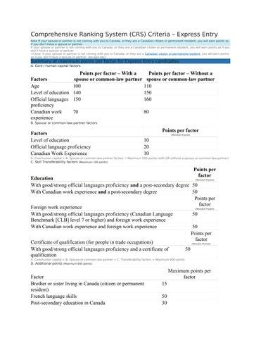 Comprehensive Ranking System Crs Criteria Express Entry By