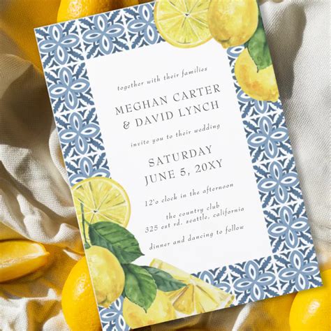 Sicilian Mediterranean Blue Tiles Lemon Wedding Invitation Zazzle