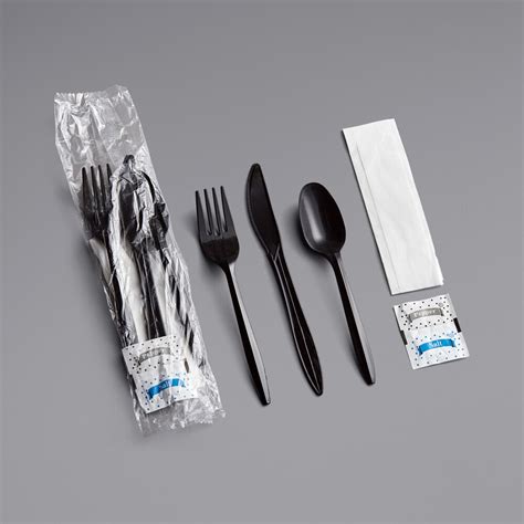 Choice Medium Weight Black Wrapped Plastic Cutlery Set With Napkin And