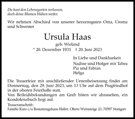 Traueranzeigen Von Ursula Haas Stuttgart Gedenkt De