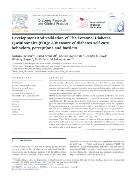 Pdf Development And Validation Of The Personal Diabetes Questionnaire Pdq A Measure Of