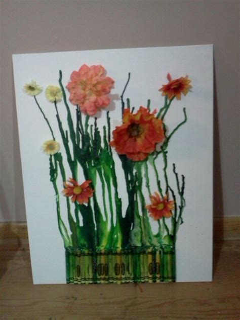 Just Hot Glue Crayons To Canvas And Melt With Blow Dryer When Dry Hot Glue Plastic Flowers On