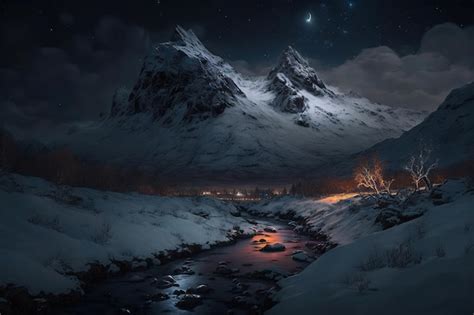 Premium Photo | Snow covered mountains with a river at night