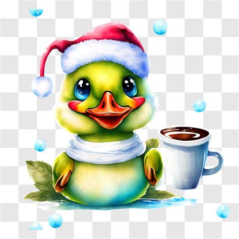 Baixe Pato de desenho animado fofo chapéu de Papai Noel e café PNG