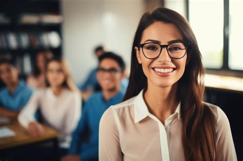 Premium Ai Image Beautiful Female Teacher Smiling In The Classroom