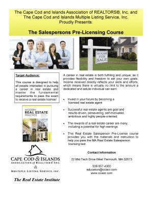 Fillable Online The Salespersons Pre Licensing Course Cape Cod And