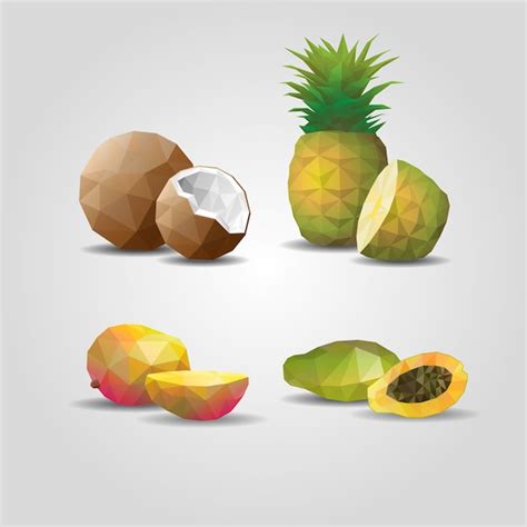 Free Vector Colorful Geometric Polygonal Fruits Set With Coconut