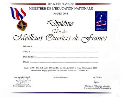 Médaille du meilleur Ouvrier de France Diplôme