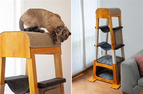 This wooden cat tower will keep your cat entertained for hours and blends right into modern ...