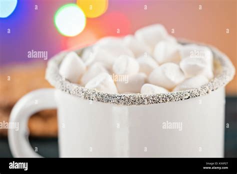 Enamel White Coffee Mug Cup Of Cocoa Hot Drink Beverage With Marshmallow On Festive Background