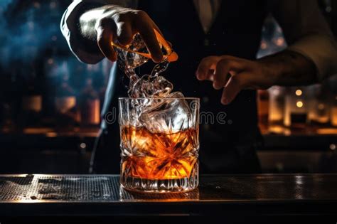 Bartender Pours Whiskey Into A Glass With Ice Cubes Bartender Pouring