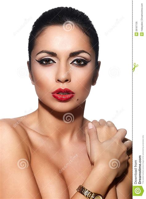 Brunette Model With Red Lips Bright Makeup Stock Image Image Of