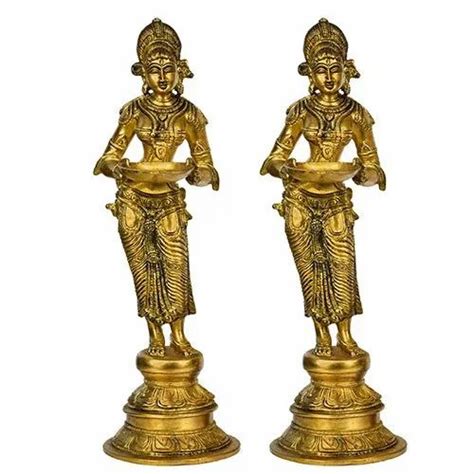 Golden Gold Plated Brass Deep Lakshmi Statue With Diya For Worship