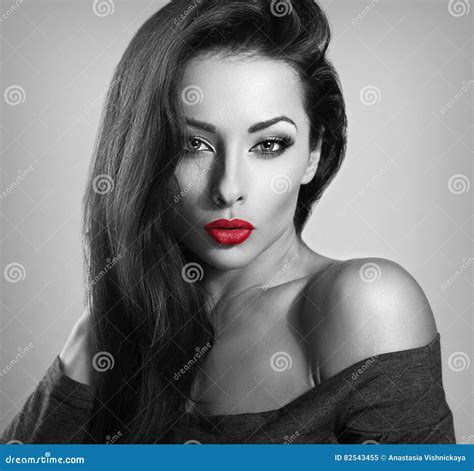 Beautiful Brunette Make Up Woman With Red Lipstick Looking Stock Image Image Of Beauty