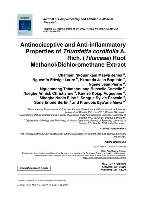 Pdf Antinociceptive And Anti Inflammatory Properties Of Triumfetta