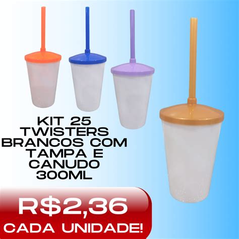 KIT 25 COPOS TWISTER BRANCO 300ML TAMPA E CANUDO COLORIDOS Shopee