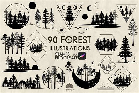 Forest Trees Procreate Stamps Brushes Set Pine Fir Silhouette Travel