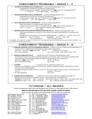 Fillable Online Noolp ENRICHMENT PROGRAMS GRADE 1 Nativity Of Our