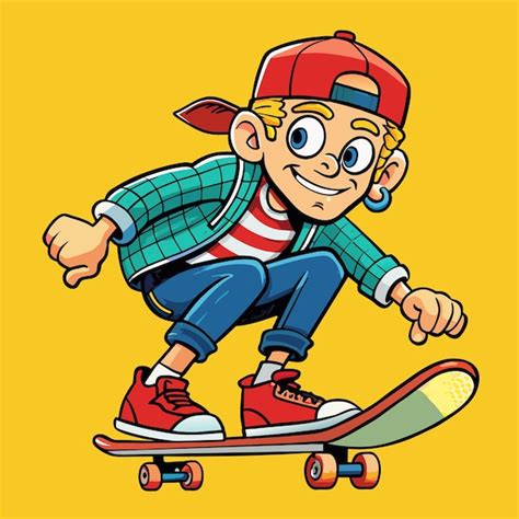 Um desenho de desenho animado de um menino em um skate um chapéu