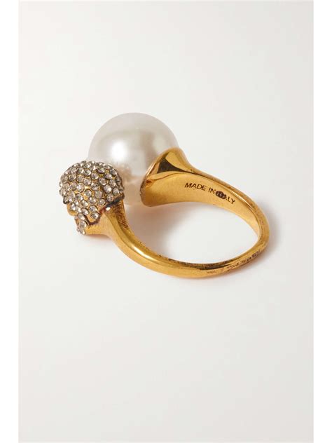 Alexander Mcqueen Gold Tone Swarovski Crystal And Faux Pearl Ring