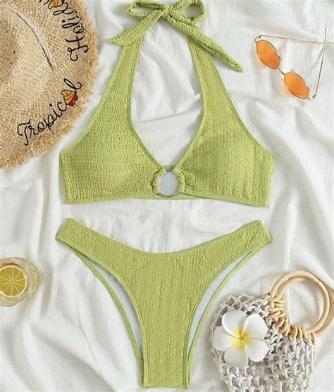 Green Halter Bikini Two Piece Swimsuit Women S Fashion Swimwear Bikinis Swimsuits On Carousell